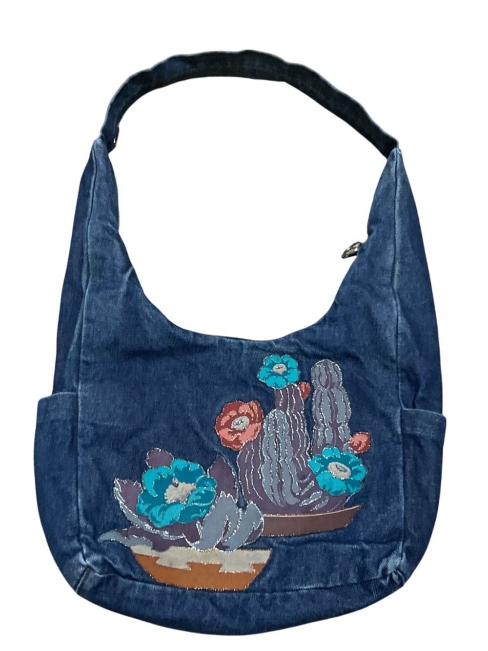 Vtg Denim Hobo Shoulder Bag With Embroidered Cactus Southwestern Design Womens